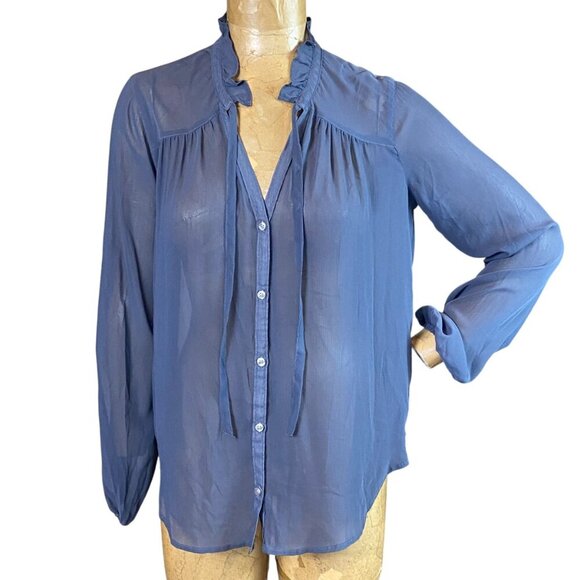 Hollister Sheer Long Sleeve Button-Down Tie Neck Blouse S Blue #310L - Picture 2 of 6